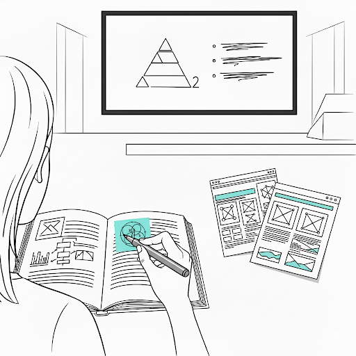 illustration of framework thinking in practice showing a woman drawing a geometric framework in her notebook and uses it on screen for presentations too