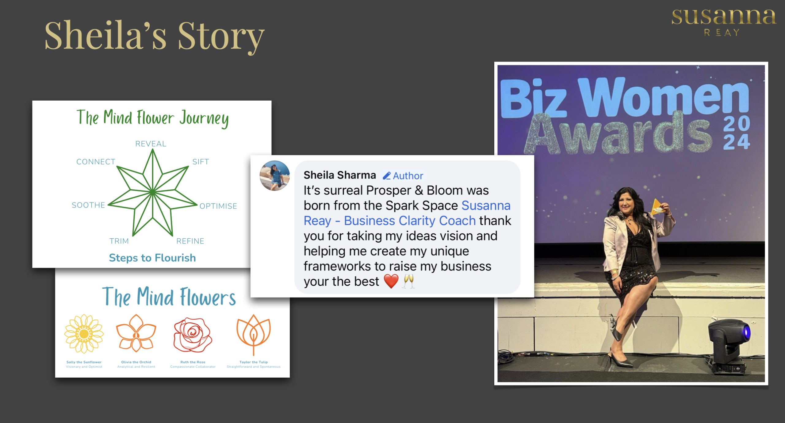 Case study visual showing the success Sheila Sharma had in implementing Framework Thinking® in her business, developing her unique frameworks that led to clients, awards and more.
