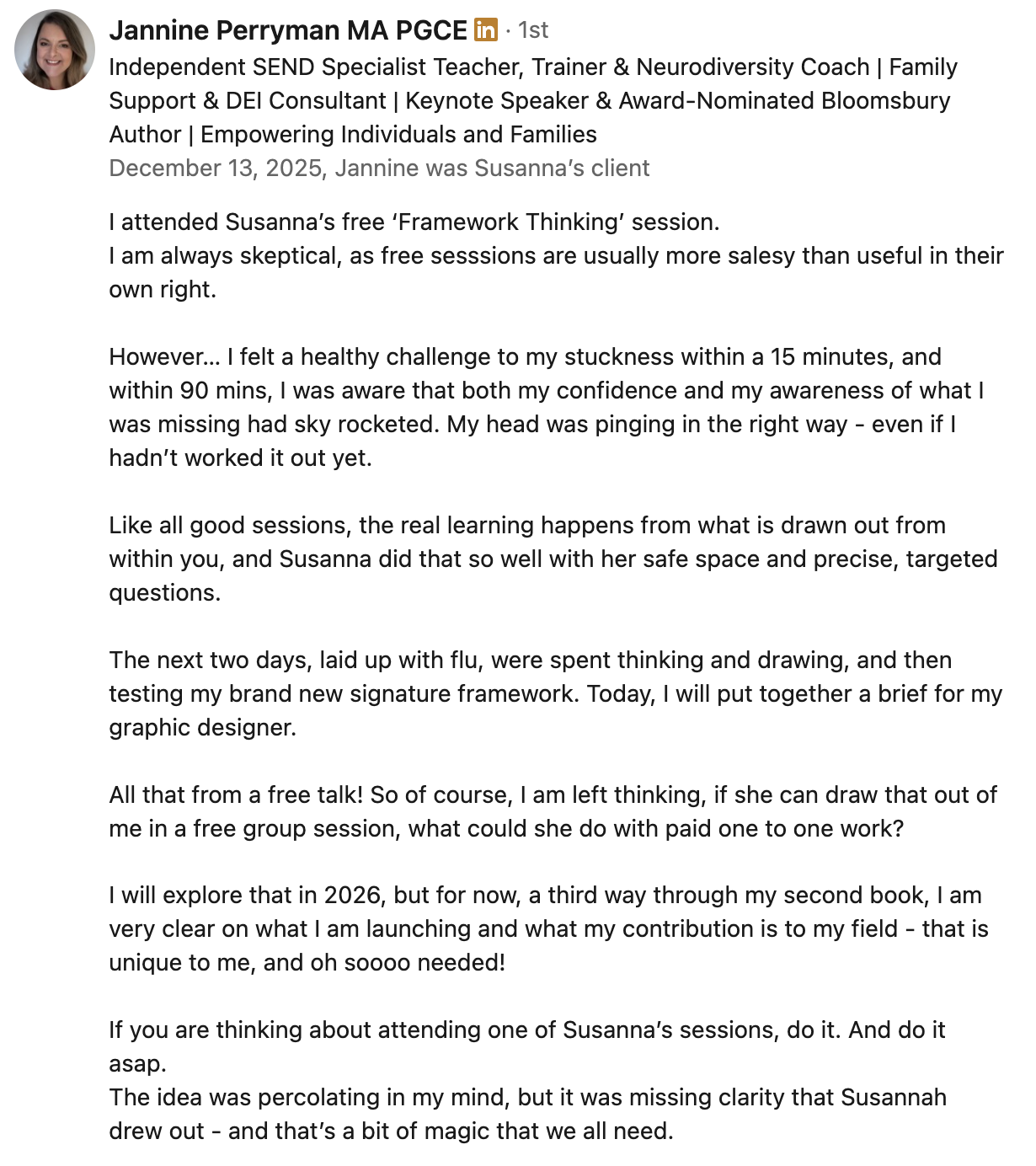 Janine Perryman Framework Thinking® Workshop Impact